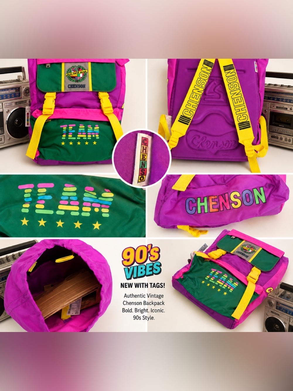 💜💚💛 Vintage CHENSON 80s/90s Colorblock Backpack – New With Tags (NOS) - Picture 2 of 4